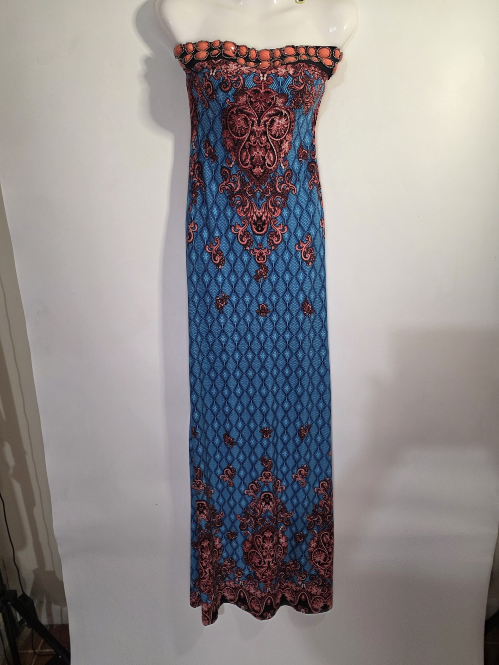Va Va Voom Strapless Blue and Coral Patterned Maxi Dress Size S.